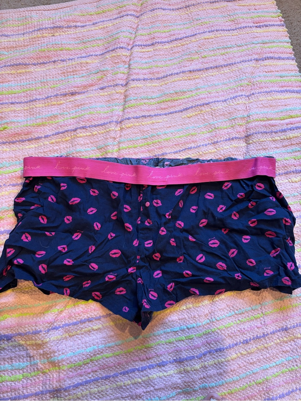 PINK Victoria's Secret Navy Shorts with Hot Pink Lip Print